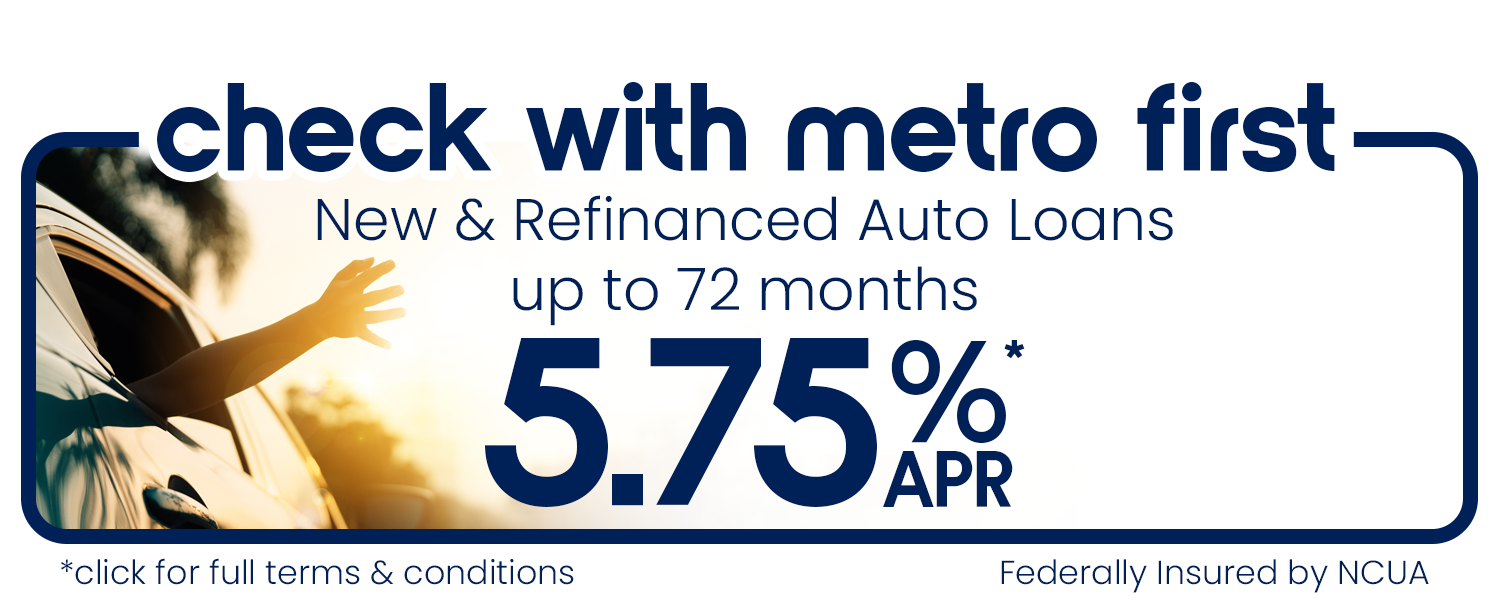 check with metro first. new and refinanced auto loans as low as 5.75% APR for up to 72 months