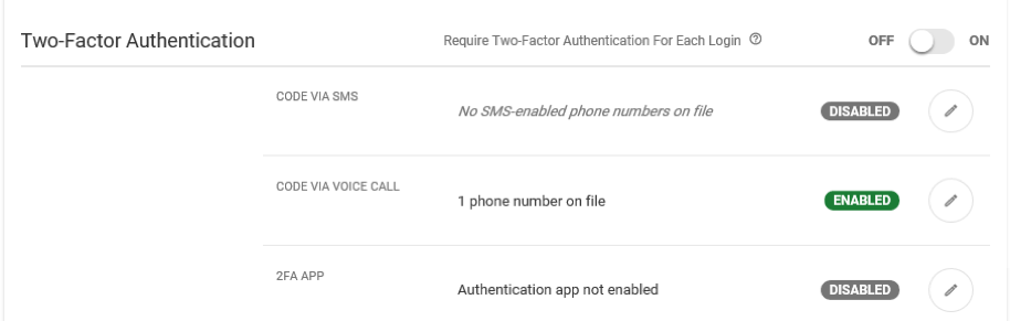 Screen capture showing what authentication methods are active