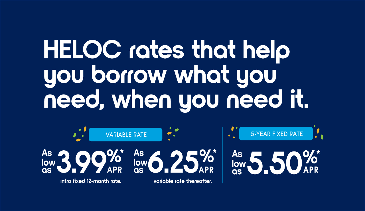 HELOC rates that help you borrow what you need, when you need it. Variable Rate as low as 3.99%* APR into fixed 12-month rate. As low as 6.25%* APR variable rate thereafter. 5-Year fixed rate As low as 5.50%* APR